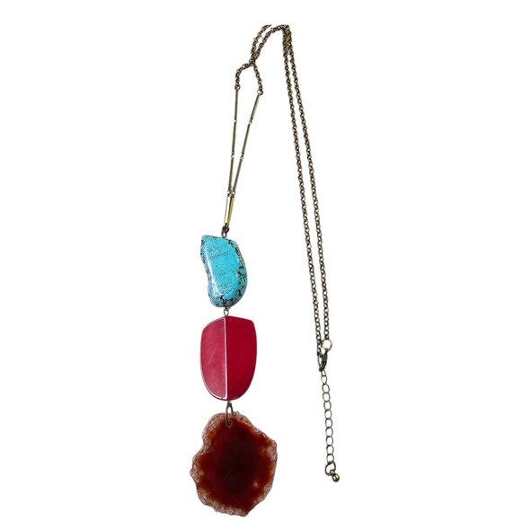 Boho Gemstone Necklace With Turquoise Red & Agate Stones On Antique Brass Chain - Picture 1 of 8